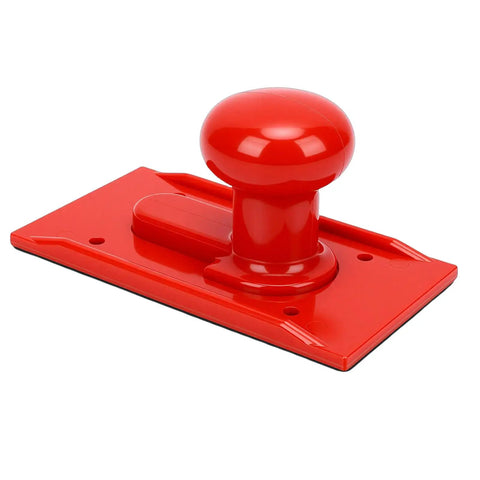 Solid Grip Woodworking Push Block With Textured Surface And Rounded Handle Finger Guard shown from the side, red ABS material, essential for table saw safety.