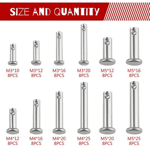 96 Piece Stainless Steel Clevis Pin Set With 12 Sizes M3 M4 M5 Flat Head And Round Head Single Hole Pins 304 Stainless Steel