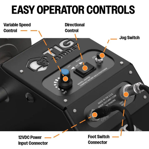 Heavy Duty Compact Rotary Welding Positioner Turntable Featuring Smooth As Butter Stepless Rotation Foot Pedal Control And Rock Solid Adjustable Head For Killer TIG Builds operator controls panel with variable speed control and jog switch.