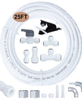 Refrigerator water line kit with 25 ft white 1/4 in tubing, compression fittings, shut-off valve, and quick-connect adapters