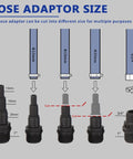 Beast 1320 GPH Submersible Water Pump hose adaptor size guide showing cut options for various fitting sizes.