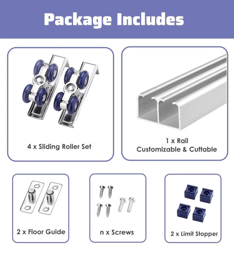 Complete Pocket Door Hardware Kit With Dual Aluminum Track For Inner Push Sliding Doors, includes rails, rollers, guides, stoppers, and screws
