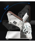 Compact Mini Electric Belt Sander With Seven Speed Settings For Desktop Polishing Grinding And Sharpening, showing adjustable angle and motor.