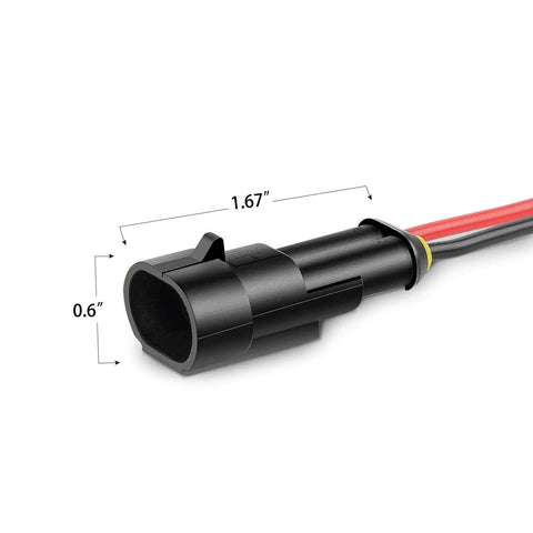 Nilight 2-pin waterproof 16AWG terminal connector, black plastic housing with red wiring, about 1.7 in long.