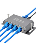4 Port Gigabit Ethernet Splitter Powered Network Switch With Wall Mount Ears showing plugged-in cables for Home Office and PS5