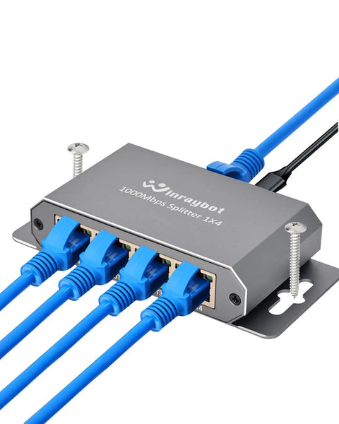 4 Port Gigabit Ethernet Splitter Powered Network Switch With Wall Mount Ears showing plugged-in cables for Home Office and PS5