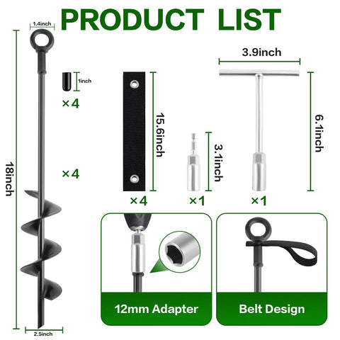 18 Inch Ground Anchors Screw In Heavy Duty Kit Quad Pack with wrenches, straps, belt design, and 12mm adapter included.
