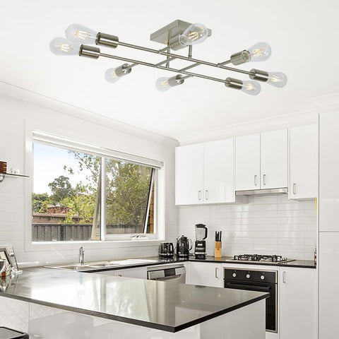 8 Light Modern Sputnik Ceiling Light in Brushed Nickel, Vintage Metal Chandelier, Semi Flush Mount Fixture for Kitchen