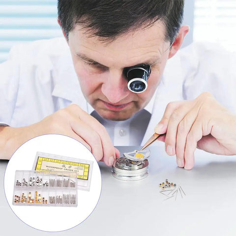 Watch Repair Kit With Stainless Steel Crown And Stem Set, Winding Stems Replacement used by technician with toolset on table