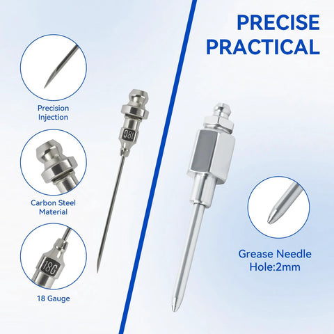 Grease gun tips and fittings set with 90-degree coupler; carbon steel, 18 gauge, 2 mm needle hole