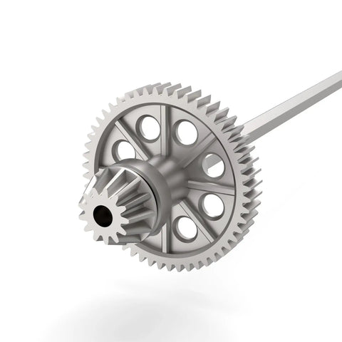 Beefed Up RC 9125 Steel Differential Gears And Aluminum Main Drive Set for 1/10 Scale Trucks, showing steel gear and aluminum shaft close-up.