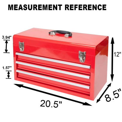 20.5 Inch Portable Steel Tool Box With Top Box And Three Drawers Red Powder Coat Finish measurements shown