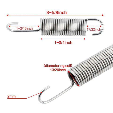 Beefy Stainless Steel Tension Springs For Recliner Sofa Replacement Mechanism Quick Swap Kit featuring dimensions and hook detail.