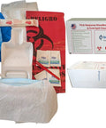 Bodily fluid cleanup kit with blue disposable gloves, red biohazard bag, absorbent pad, and Magnicare kit box.
