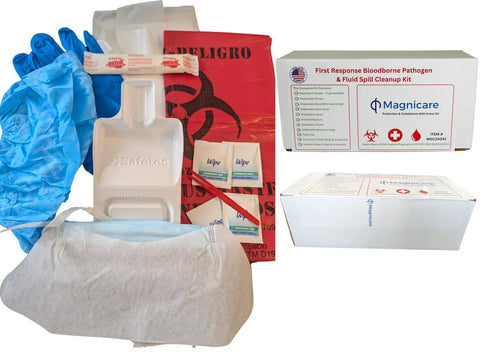 Bodily fluid cleanup kit with blue disposable gloves, red biohazard bag, absorbent pad, and Magnicare kit box.