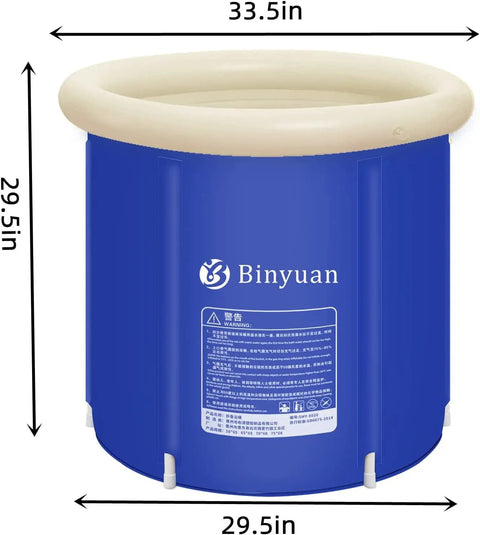 Blue outdoor portable ice bath tub for athletes cold water therapy recovery. 29.5 inches diameter, durable design with measurements.