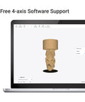 4-axis software interface on laptop displaying carved object for Next Level Rotary Module For Your Desktop Maker Machine Featuring Sweet 4 Axis Cnc Carving And Laser Engraving With Hella Precise Strain Wave Gearing And A Solid 3 Jaw Chuck Designed To Upgrade Any A350 Style 3D Printer Setup Today.