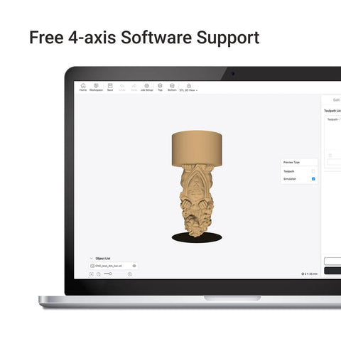 4-axis software interface on laptop displaying carved object for Next Level Rotary Module For Your Desktop Maker Machine Featuring Sweet 4 Axis Cnc Carving And Laser Engraving With Hella Precise Strain Wave Gearing And A Solid 3 Jaw Chuck Designed To Upgrade Any A350 Style 3D Printer Setup Today.