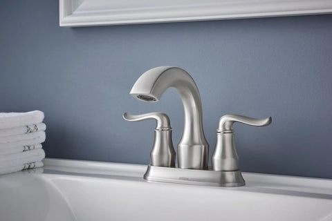 Hamden Spot Resist Brushed Nickel Two Handle 4 Inch Centerset Bathroom Faucet installed on sink in modern bathroom