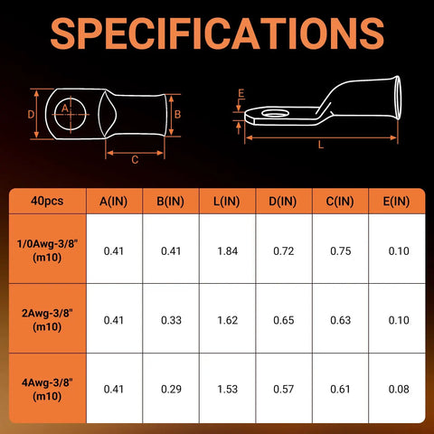 Specifications for Heavy Duty Battery Terminal Kit With Copper Lugs And Ring Terminals, includes AWG size dimensions