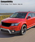 Premium Heavy Duty Serpentine Drive Belt Compatible With Dodge Ford Mazda Jeep Mitsubishi Engines shown on a SUV driving.