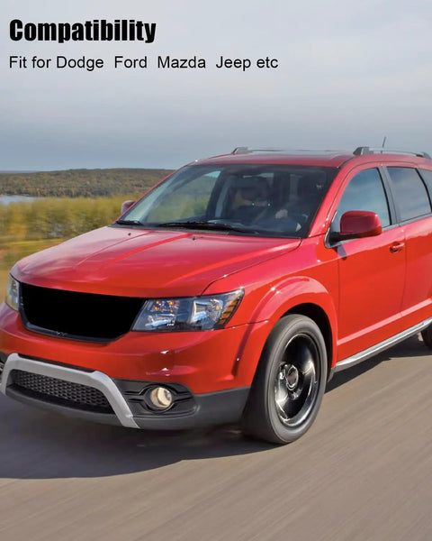 Premium Heavy Duty Serpentine Drive Belt Compatible With Dodge Ford Mazda Jeep Mitsubishi Engines shown on a SUV driving.