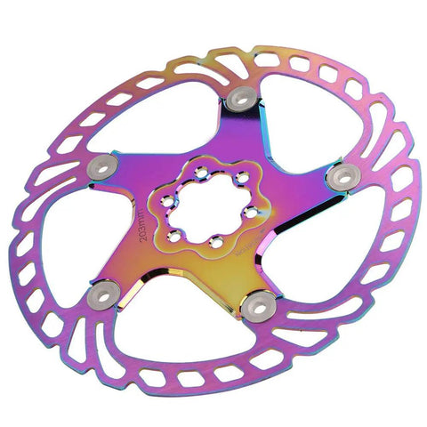 Top Tier 203mm Aluminum Disc Brake Rotor For Mountain Bikes Featuring Heavy Duty Five Bolt Mount And Scratch Resistant Surface For Rock Solid Hydraulic Or Mechanical Bike Stopping Power Golden Finish, viewed from the top.