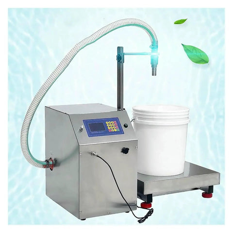 Digital Liquid Filling Machine Honey Sauce Dispenser Automatic Pump Control with a bucket for milk and beverages.