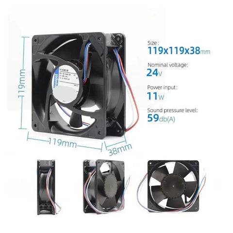 Industrial Grade Dc Cooling Fan Built Like A Tank Whisper Quiet Ball Bearings 24V 11W Smashes Heat Buildup For Tough Shop Projects And Heavy Machinery Use 120X120X38Mm with dimensions shown.