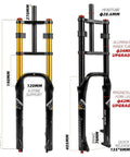 26 Inch Fat Bike Suspension Fork With 4.0 Inch Tire Clearance, 160mm Travel, Rebound Adjustable, Manual Lockout, Straight Double Shoulder, 9x135 QR, Disc Brake Ready Air Fork for Downhill MTB displayed with specifications