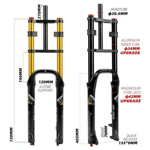 26 Inch Fat Bike Suspension Fork With 4.0 Inch Tire Clearance, 160mm Travel, Rebound Adjustable, Manual Lockout, Straight Double Shoulder, 9x135 QR, Disc Brake Ready Air Fork for Downhill MTB displayed with specifications