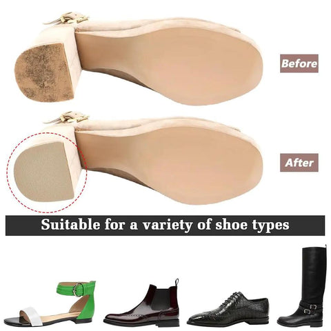 Before and after view of shoe with Two Pairs Heel Repair Rubber Pads For Shoes And Boots, 0.14 Inch Thick Non Slip Replacement Soles Protectors