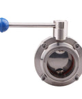 Front view of Sanitary Butterfly Valve With Pull Handle Stainless Steel 304 Tri Clamp Clover Two Point Five Inch Tube OD