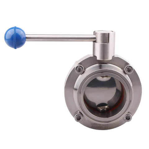 Front view of Sanitary Butterfly Valve With Pull Handle Stainless Steel 304 Tri Clamp Clover Two Point Five Inch Tube OD