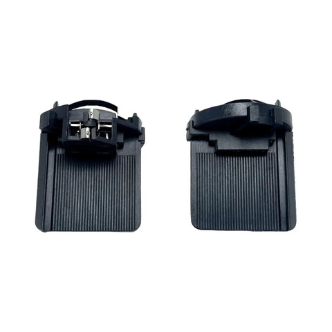 Close-up of Headlight Socket Adapter With Wiring Harness For VW Golf Eos Passat Tiguan Alltrack R GTI 2010 2017. Black plastic sockets.