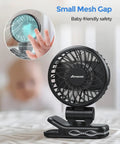 Must Have Clip On Baby Fan With Rechargeable Battery, 3 Speed Portable Stroller Fan For Car Seats, Safe Gaps Design shown in use