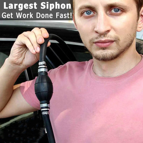 Hand holding High Flow Siphon Pump Handheld Fuel Transfer Kit For Gasoline Diesel Water And Oils Portable Manual Siphon With 2M Hose Easy Start No Spill Siphoning For Cars Boats And More