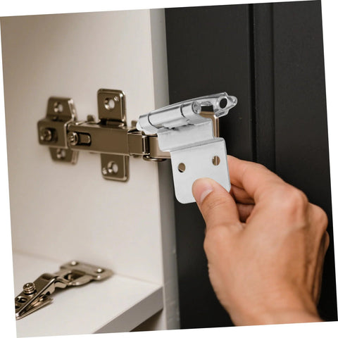 Anneome self-closing inset cabinet hinge; chrome metal with flush-mount mounting plate, 2 hinges visible on cabinet.