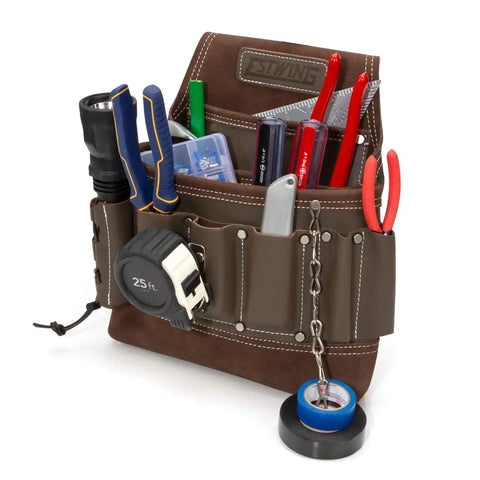 8 Pocket Leather Electrician Tool Pouch Built Tough For Work Belts With Flashlight Loop Tape Chain Pliers Pockets And 3 Inch Tunnel Loop