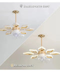 Modern Led Pendant Chandelier With Glass Accents And Remote Control Light Fixture Eight Head Prism Drop illuminated view.
