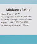 Mini Wood Lathe Machine specifications showing 96W power, 4000-9000 RPM, and 50mm processing diameter for hobbyists.