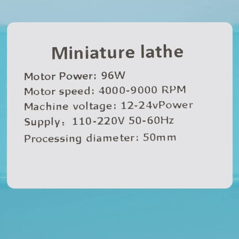 Mini Wood Lathe Machine specifications showing 96W power, 4000-9000 RPM, and 50mm processing diameter for hobbyists.