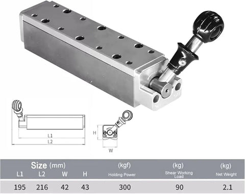 Beefy 300kgf Magnetic Welding Base Clamp With On Off Switchable Handle, metal design with size specifications and diagrams