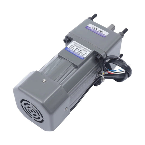Gray 110V AC gear reduction motor, 200W, aluminum housing with cooling fan and attached wiring