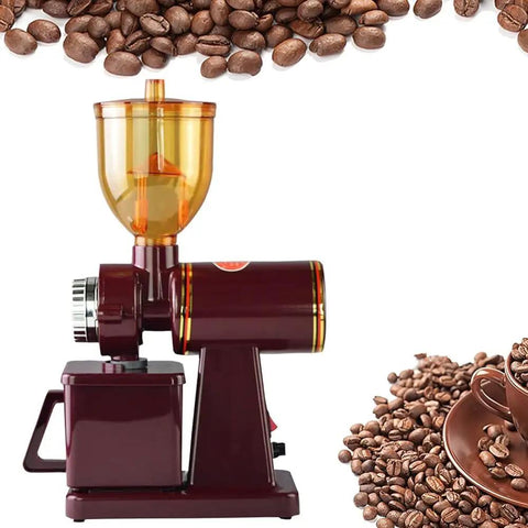 Portable Stainless Steel Electric Conical Burr Coffee Grinder With Eight Gear Precise Settings For Espresso Drip French Press Spice Nut And Grain Grinding on a counter with coffee beans.