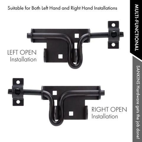 Slide Bolt Gate Latch With Padlock Hole showcasing left and right open installation options, heavy duty thickened steel.