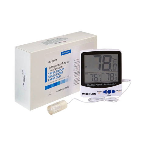Triple Display Digital Refrigerator And Freezer Thermometer With Single Probe Large Digits Real Time Current Min Max Temperatures And Date Stamp For Medical Lab And Food Safety Use