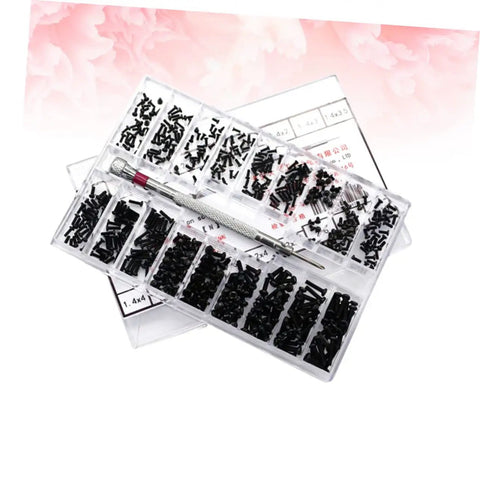 Miniature Flat Head Machine Screws Set 18 Sizes In One Handy Portable Case Carbon Steel Strong Flat Countersunk Screws For Eyeglasses Watches Notebook Electronics Repair Kit in clear plastic box with tool.