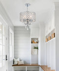 Modern Crystal Pendant Light With Drum Shade In Chrome 4 Light Chandelier For Bedroom Kitchen Island Dining Room Hanging Ceiling Fixture Featuring Glass Crystal Drops For A Lux Minimal Look