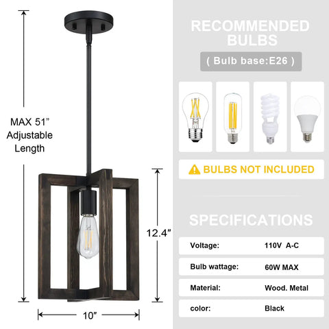 Farmhouse Rustic Pine Wood Hanging Pendant Lights Two Pack With Black Metal Frame dimensions and specifications